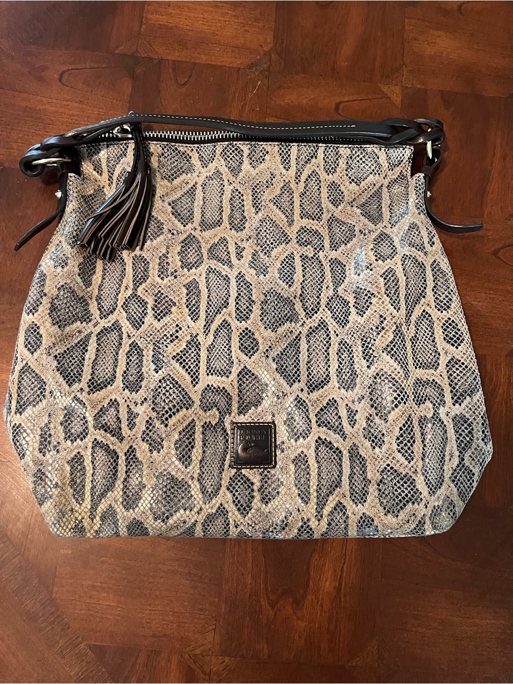 Neutral Snake-Print Shoulder Bag with Tassel Accent